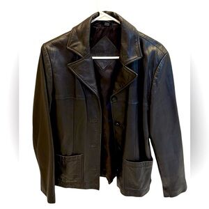 Jacqueline Ferrar Women's Medium Black Leather Button Front Pocketed Jacket
